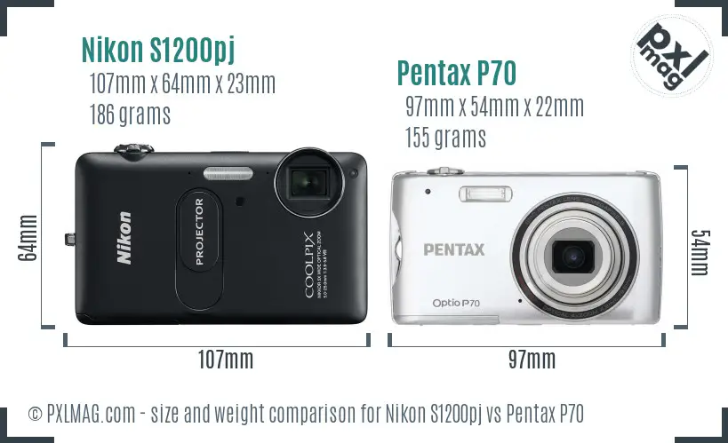 Nikon S1200pj vs Pentax P70 size comparison