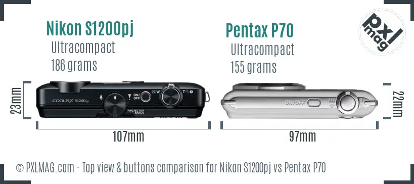 Nikon S1200pj vs Pentax P70 top view buttons comparison