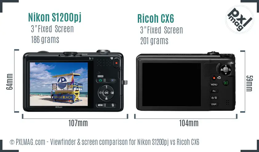 Nikon S1200pj vs Ricoh CX6 Screen and Viewfinder comparison