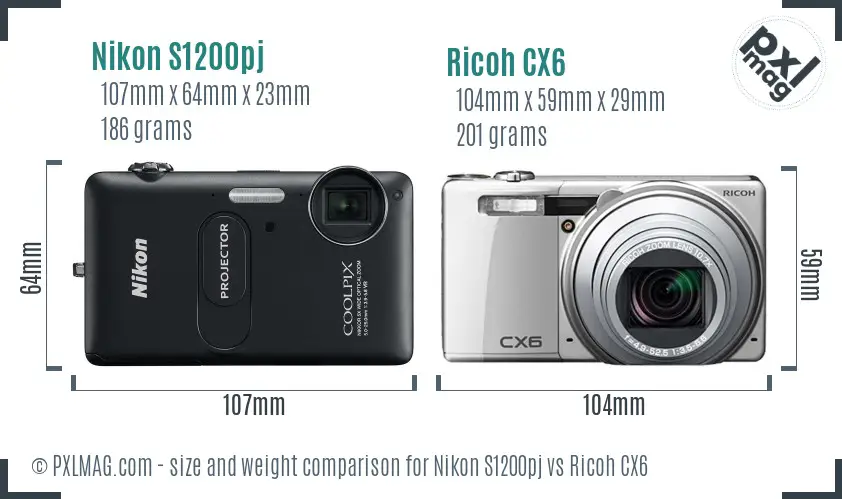Nikon S1200pj vs Ricoh CX6 size comparison