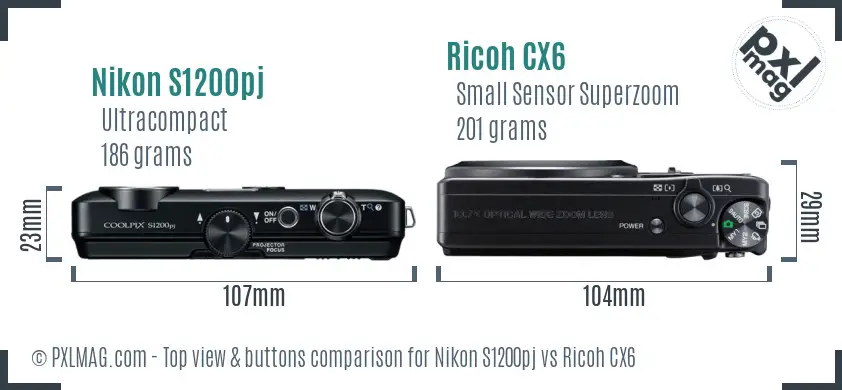 Nikon S1200pj vs Ricoh CX6 top view buttons comparison