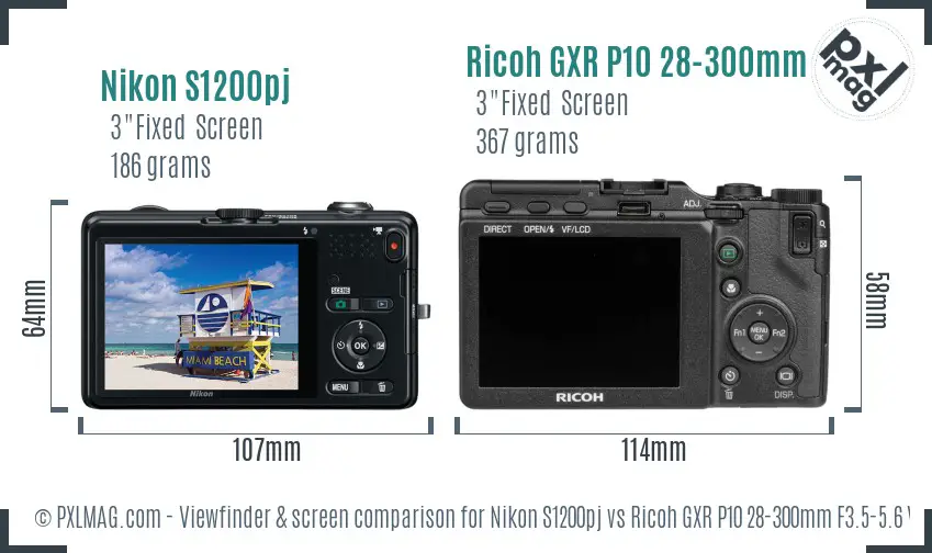 Nikon S1200pj vs Ricoh GXR P10 28-300mm F3.5-5.6 VC Screen and Viewfinder comparison