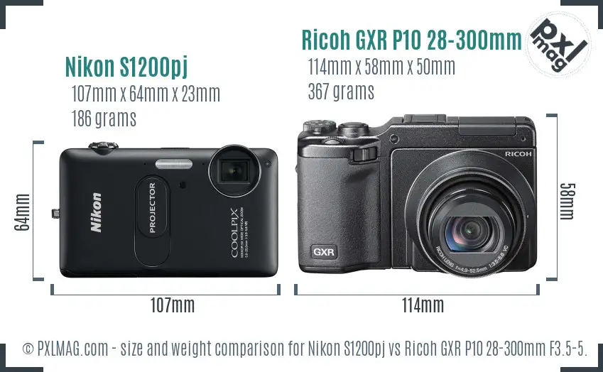 Nikon S1200pj vs Ricoh GXR P10 28-300mm F3.5-5.6 VC size comparison