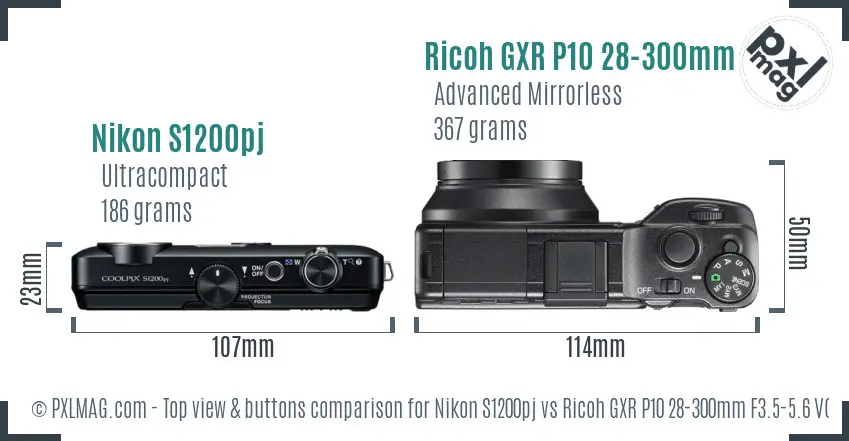 Nikon S1200pj vs Ricoh GXR P10 28-300mm F3.5-5.6 VC top view buttons comparison