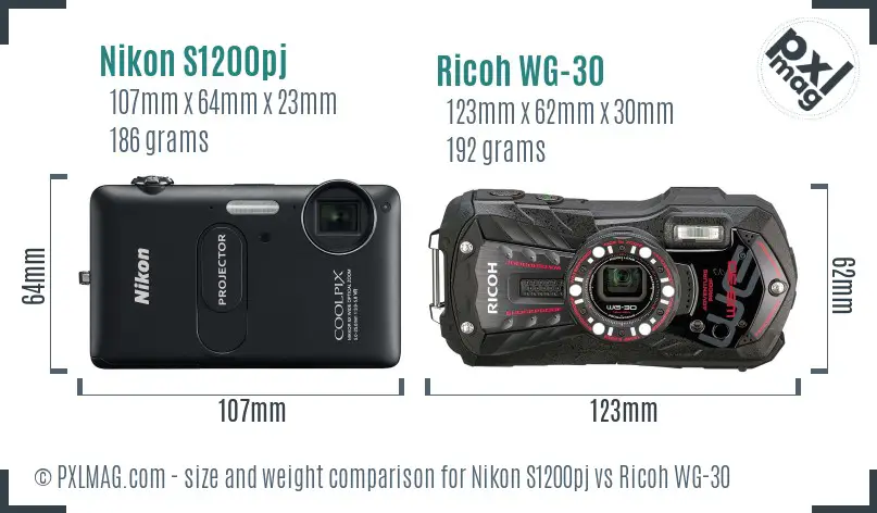Nikon S1200pj vs Ricoh WG-30 size comparison