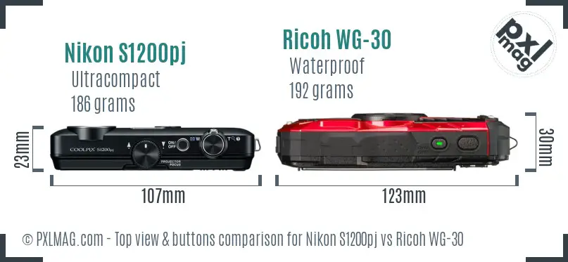 Nikon S1200pj vs Ricoh WG-30 top view buttons comparison