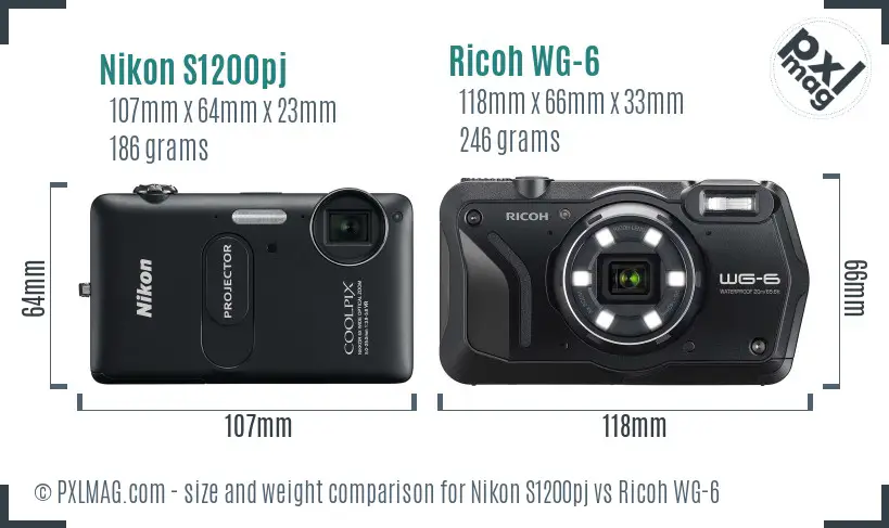 Nikon S1200pj vs Ricoh WG-6 size comparison