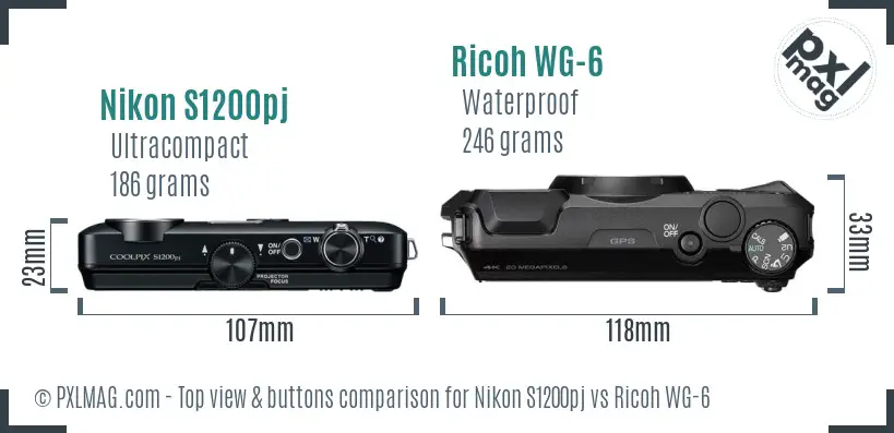 Nikon S1200pj vs Ricoh WG-6 top view buttons comparison