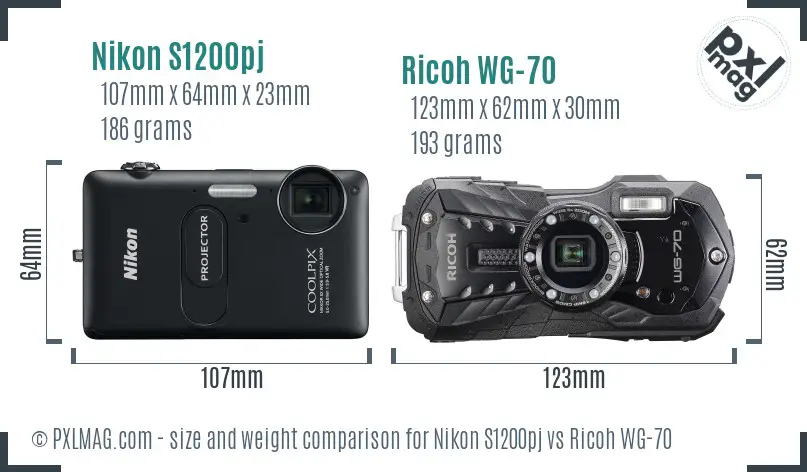 Nikon S1200pj vs Ricoh WG-70 size comparison