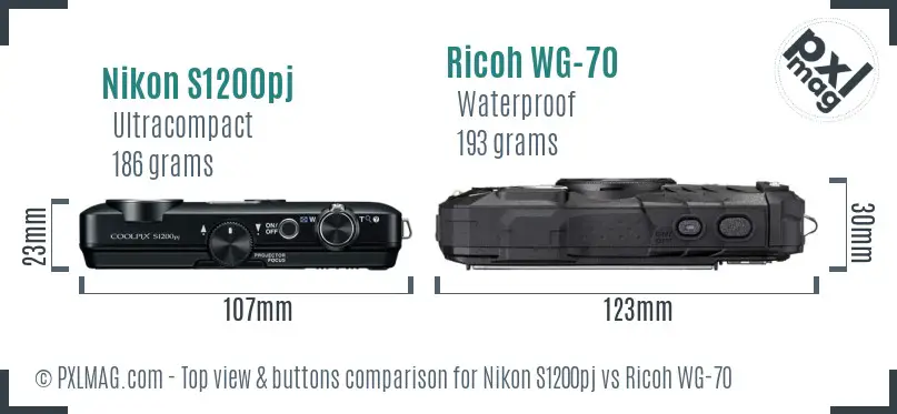 Nikon S1200pj vs Ricoh WG-70 top view buttons comparison