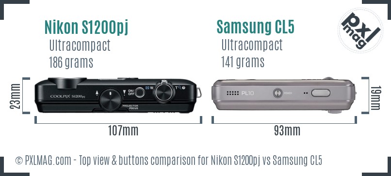 Nikon S1200pj vs Samsung CL5 top view buttons comparison