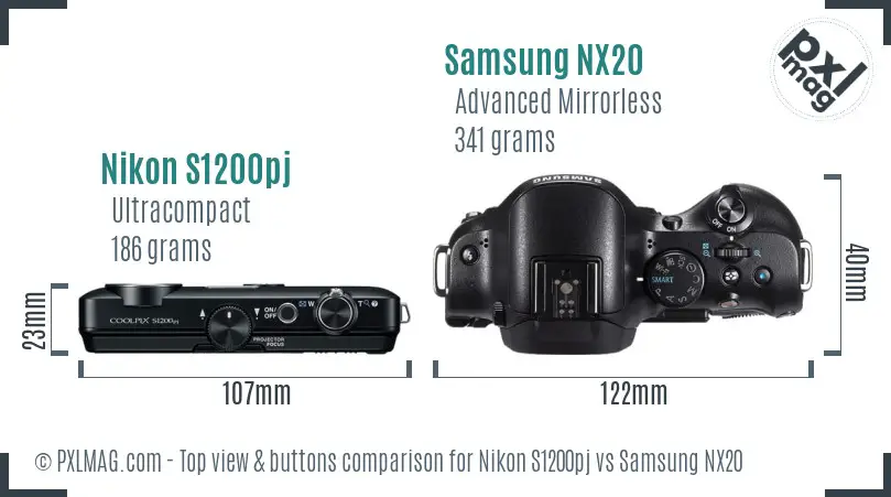 Nikon S1200pj vs Samsung NX20 top view buttons comparison