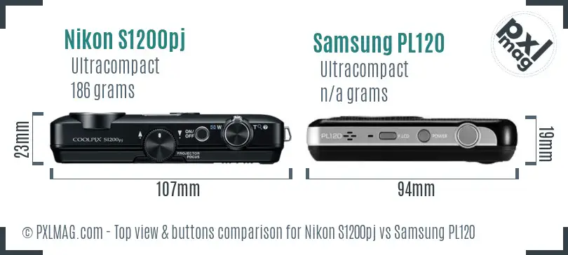 Nikon S1200pj vs Samsung PL120 top view buttons comparison