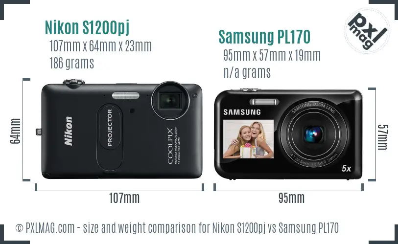 Nikon S1200pj vs Samsung PL170 size comparison