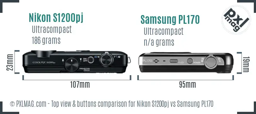 Nikon S1200pj vs Samsung PL170 top view buttons comparison
