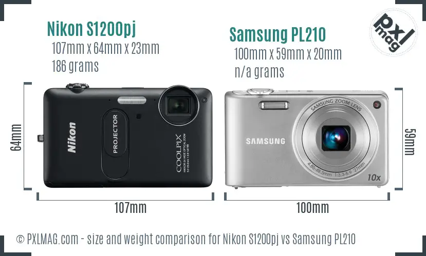 Nikon S1200pj vs Samsung PL210 size comparison