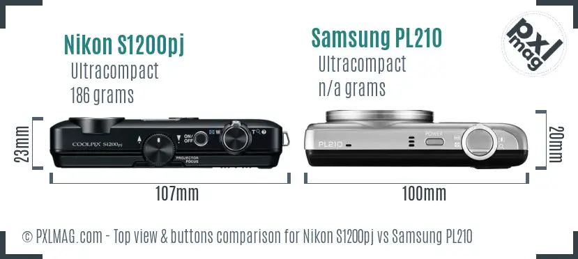 Nikon S1200pj vs Samsung PL210 top view buttons comparison