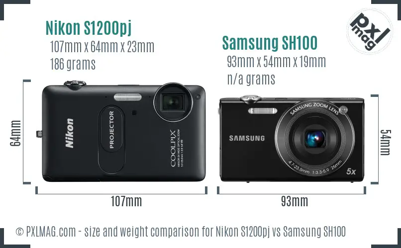 Nikon S1200pj vs Samsung SH100 size comparison