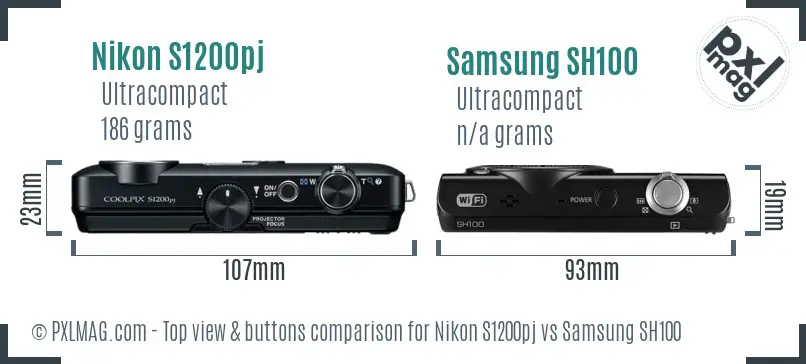 Nikon S1200pj vs Samsung SH100 top view buttons comparison