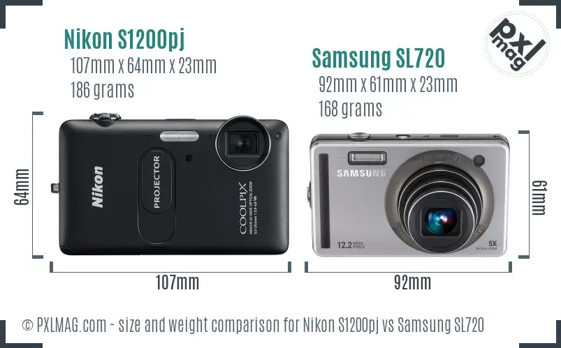 Nikon S1200pj vs Samsung SL720 size comparison