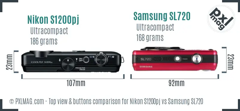 Nikon S1200pj vs Samsung SL720 top view buttons comparison