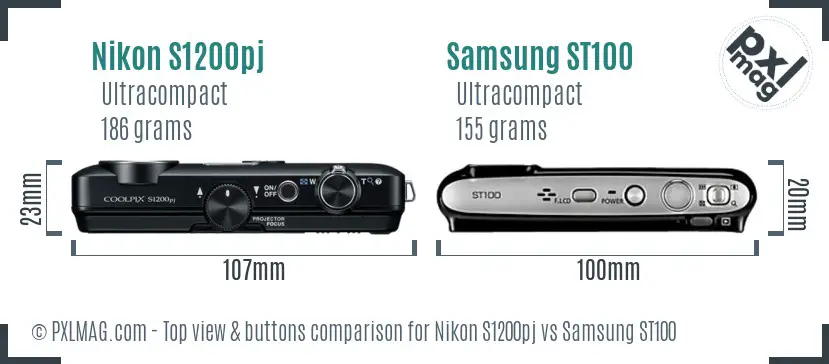 Nikon S1200pj vs Samsung ST100 top view buttons comparison