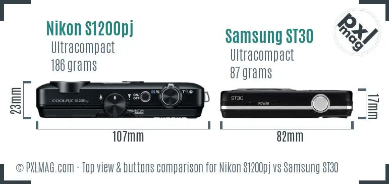 Nikon S1200pj vs Samsung ST30 top view buttons comparison Nikon S1200pj vs Samsung ST30 top view buttons comparison