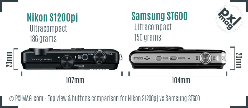 Nikon S1200pj vs Samsung ST600 top view buttons comparison Nikon S1200pj vs Samsung ST600 top view buttons comparison
