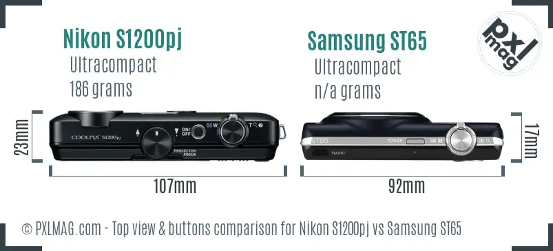 Nikon S1200pj vs Samsung ST65 top view buttons comparison