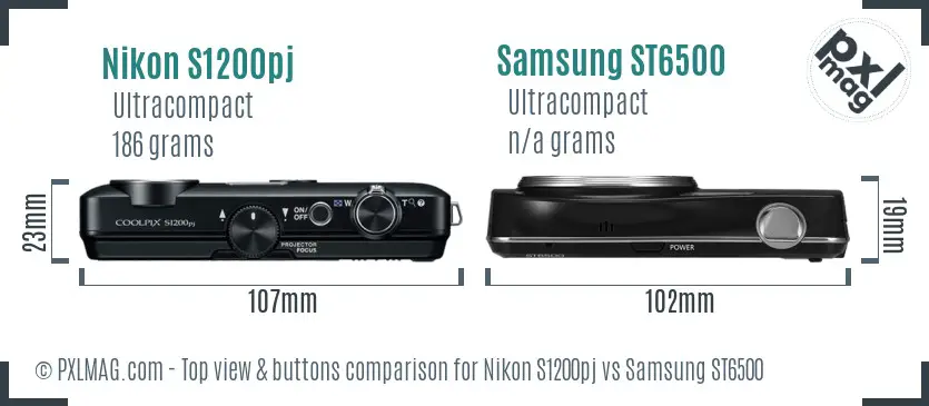 Nikon S1200pj vs Samsung ST6500 top view buttons comparison