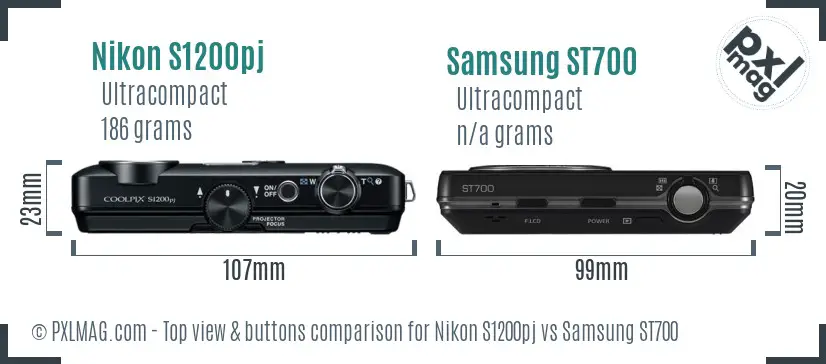 Nikon S1200pj vs Samsung ST700 top view buttons comparison