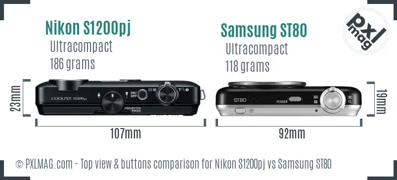 Nikon S1200pj vs Samsung ST80 top view buttons comparison