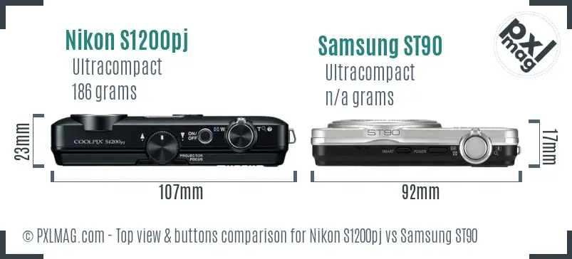 Nikon S1200pj vs Samsung ST90 top view buttons comparison