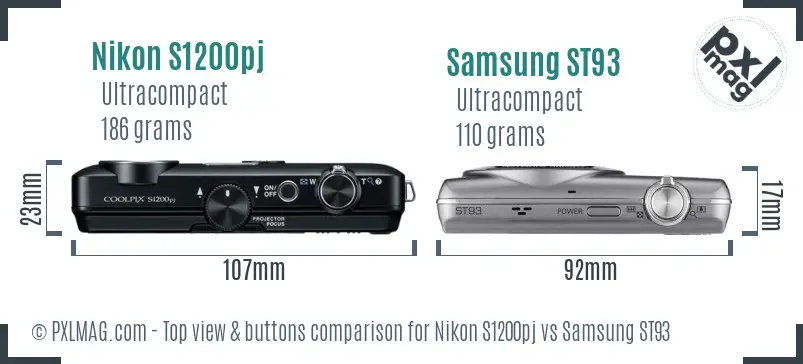 Nikon S1200pj vs Samsung ST93 top view buttons comparison