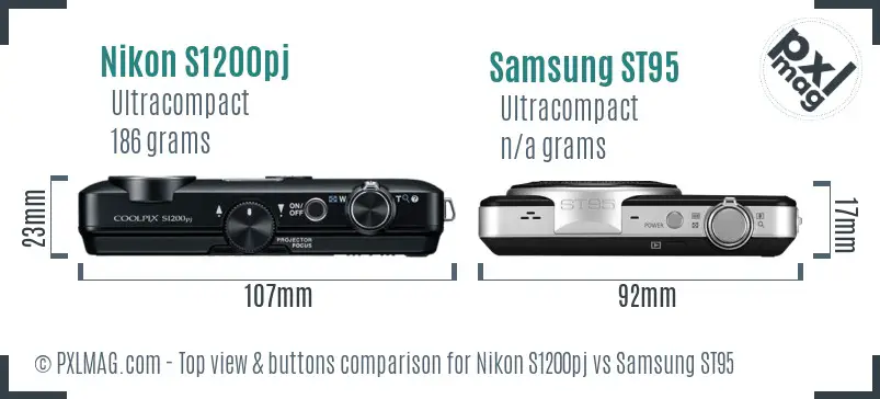 Nikon S1200pj vs Samsung ST95 top view buttons comparison