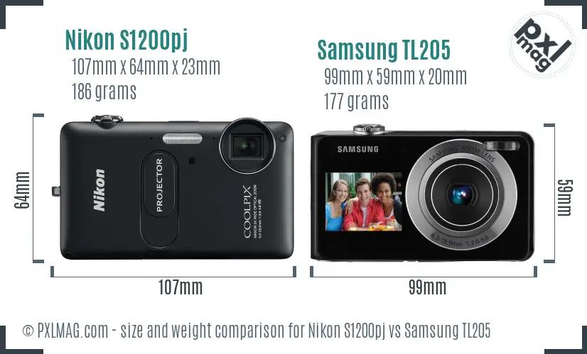 Nikon S1200pj vs Samsung TL205 size comparison