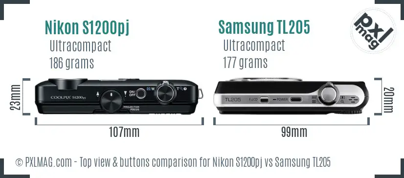 Nikon S1200pj vs Samsung TL205 top view buttons comparison