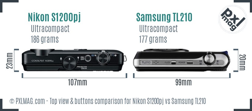 Nikon S1200pj vs Samsung TL210 top view buttons comparison