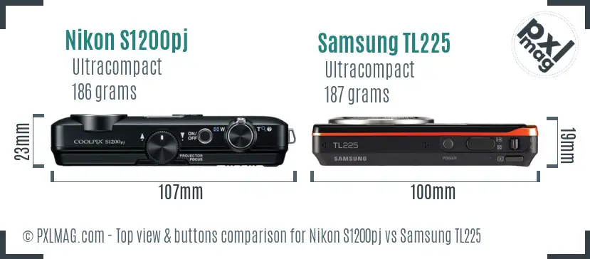 Nikon S1200pj vs Samsung TL225 top view buttons comparison