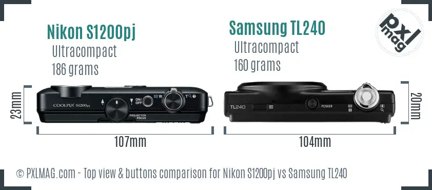 Nikon S1200pj vs Samsung TL240 top view buttons comparison