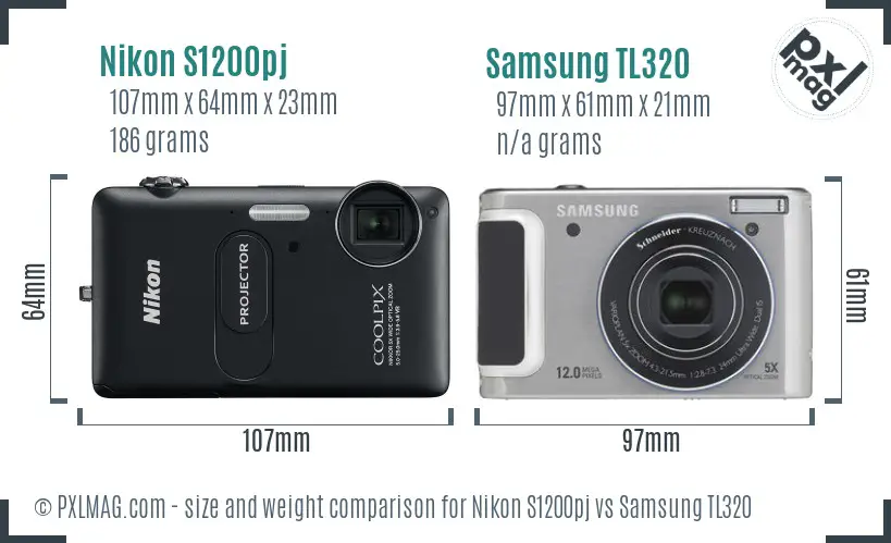 Nikon S1200pj vs Samsung TL320 size comparison