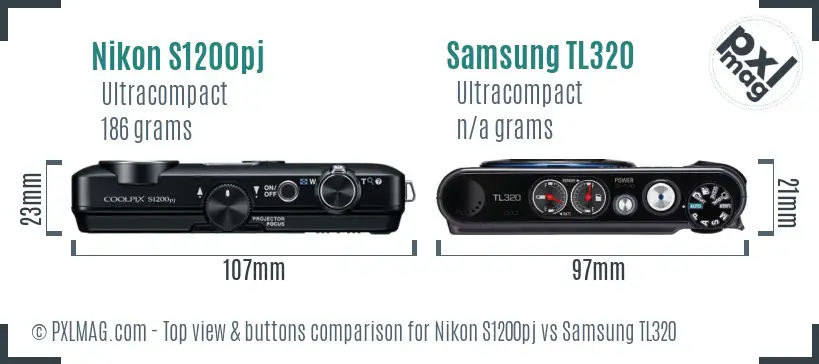 Nikon S1200pj vs Samsung TL320 top view buttons comparison