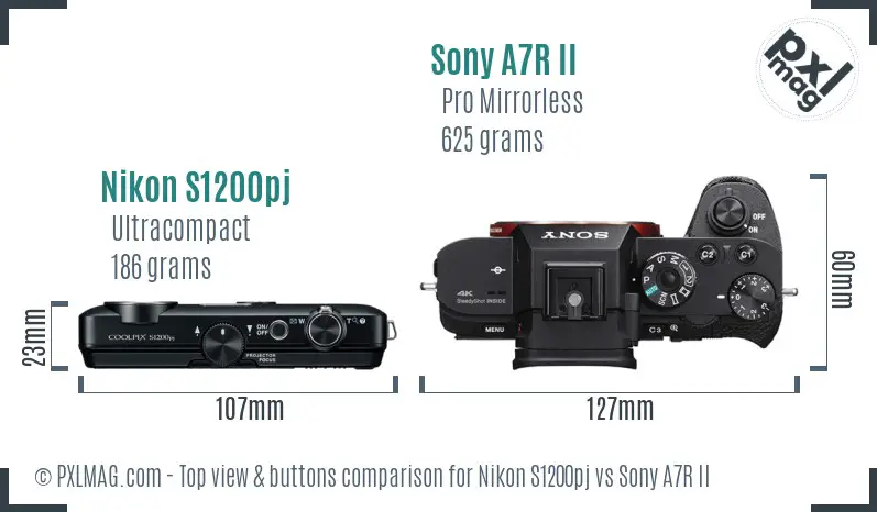 Nikon S1200pj vs Sony A7R II top view buttons comparison