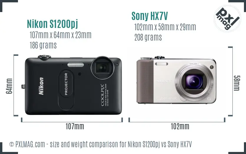 Nikon S1200pj vs Sony HX7V size comparison