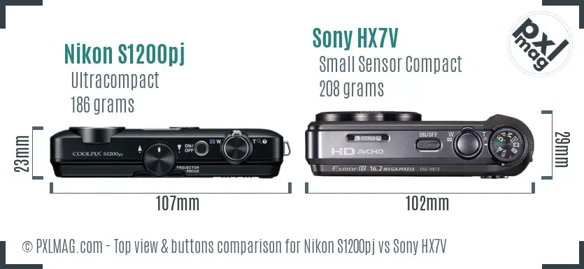 Nikon S1200pj vs Sony HX7V top view buttons comparison