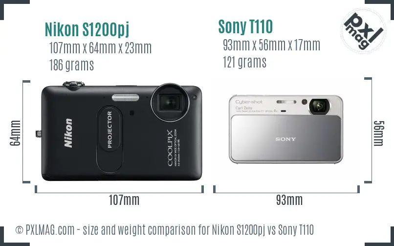 Nikon S1200pj vs Sony T110 size comparison