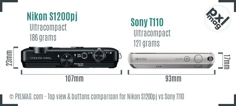 Nikon S1200pj vs Sony T110 top view buttons comparison