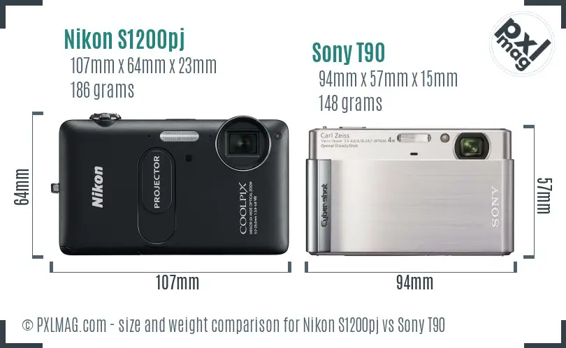 Nikon S1200pj vs Sony T90 size comparison