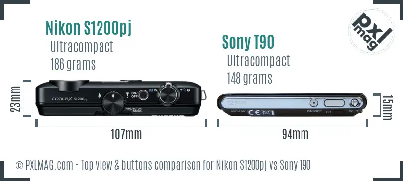 Nikon S1200pj vs Sony T90 top view buttons comparison