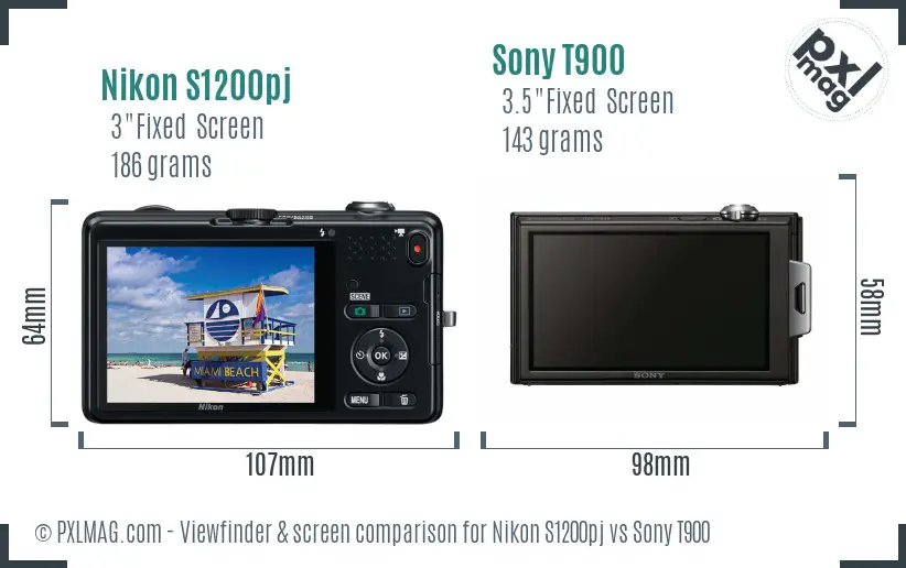 Nikon S1200pj vs Sony T900 Screen and Viewfinder comparison